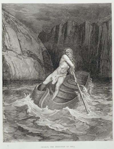 Charon, przewoźnik piekieł, z Boskiej komedii (Piekło) Dantego Alighieri (1265-1321) rytego przez Stephane Pannemakera (1847-1930) c.1868 autorstwa Gustave Dore