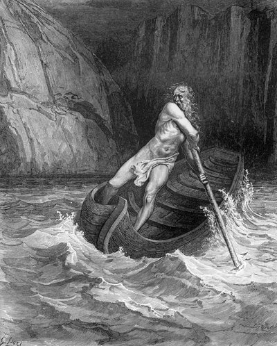 Charon, przewoźnik piekieł, z Boskiej komedii (Piekło) Dantego Alighieri (1265-1321) rytowany przez Stephane Pannemakera (1847-1930) c.1868 autorstwa Gustave Dore