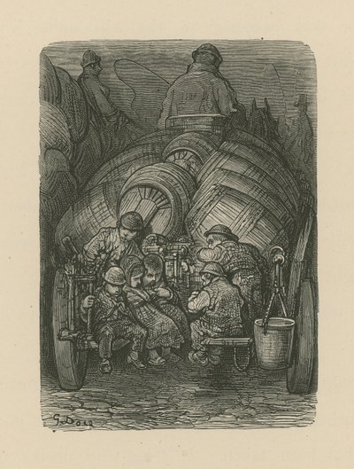 Dzieci siedzące z tyłu wózka dostawczego browaru autorstwa Gustave Dore