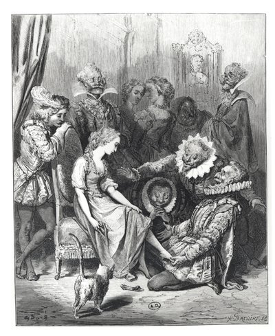 „Kopciuszek i szklany pantofelek”, ilustracja z „Les Contes de Perrault”, sztychowana przez Louisa Henri Breviere (1797-1869), wyd. J.Hetzel, 1862 autorstwa Gustave Dore