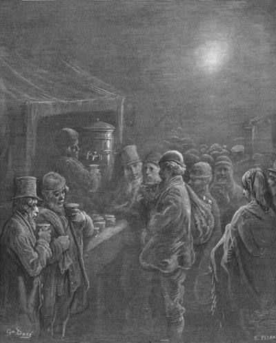 „Stoisko z kawą – wczesny poranek”, 1872 r. autorstwa Gustave Dore