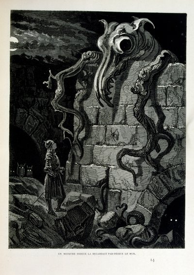 Croque-Mitaine; ilustracja z 1863 r., Gustave Dore (1832 – 1883); Francuski artysta, grafik, ilustrator. Croque-Mitaine (straszak) to złośliwa postać prezentowana dzieciom, aby je przestraszyć, a tym samym uczynić je mądrzejszymi. autorstwa Gustave Dore