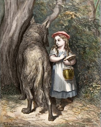 Przechodząc przez las, czerwony kapturek spotyka wilka. Grawer Gustave Dore (1832-1883) z „Opowieści” Charlesa Perraulta (1628-1703) autorstwa Gustave Dore