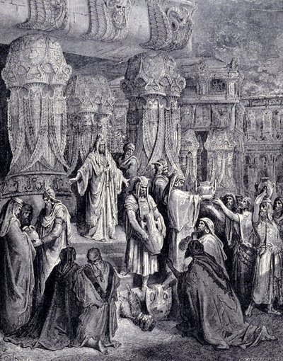 Cyrus II Wielki (580 pne - 530 pne) po przybyciu do Babilonu w 539 pne uwolnił wzięte do niewoli narody i zwrócił narodowi żydowskiemu święte naczynia, które zostały zabrane ze świątyni jerozolimskiej. Grawerowanie przez Gustave Doré. autorstwa Gustave Dore