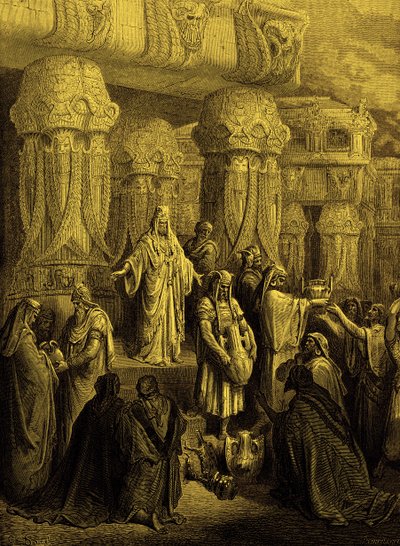 Cyrus przywraca naczynia do świątyni. - Biblia autorstwa Gustave Dore