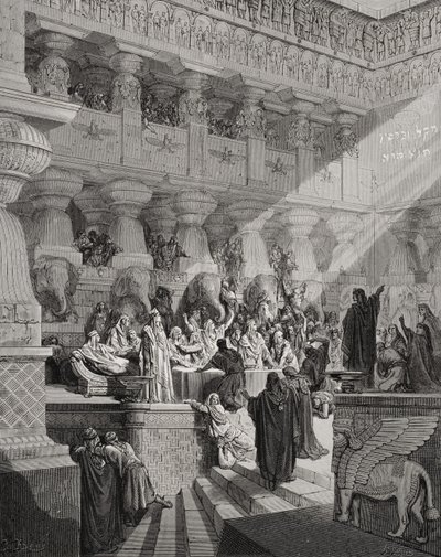 Daniel Interpreting the Writing on the Wall, Daniel 5:25-28, ilustracja z „The Holy Bible” Dore