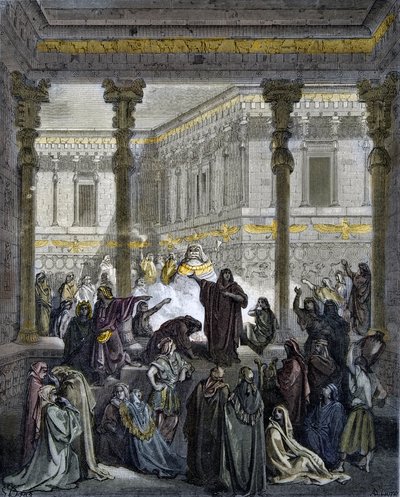 Daniel wprawiający w zakłopotanie kapłanów Baala - Daniel wprawiający w zakłopotanie kapłanów Bela - - grawerowanie w „The Bible illustree” Gustave