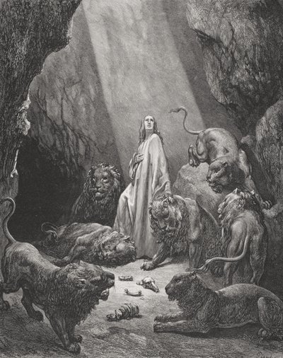Daniel w jaskini lwów, Księga Daniela 6:16-17, ilustracja z 