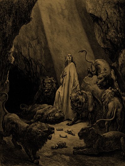 Daniel w jaskini lwów autorstwa Doré. - Biblia autorstwa Gustave Dore
