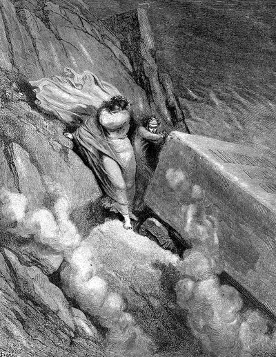 Dante i Virgil na skraju przepaści, z której unosił się cuchnący zapach, 1863 autorstwa Gustave Dore