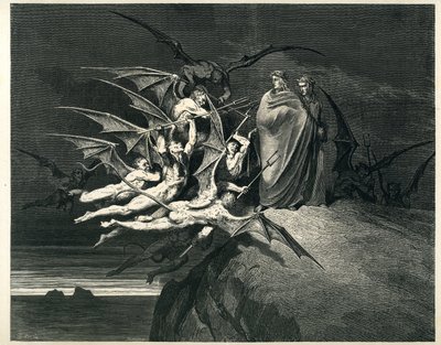 Dante i Wergiliusz stawiają czoła demonom. Rycina z Piekła Dantego Alighieri (Boska komedia) zilustrowana przez Gustave