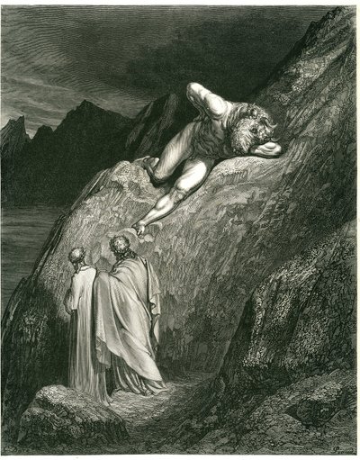 Dante i Wergiliusz spotykają Minotaura. Rycina z Piekła Dantego Alighieri (Boska komedia) ilustrowana przez Gustave