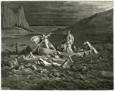 Dante i Wergiliusz płyną, prowadzeni przez Nochera Phlegyasa, po Styksie, w którym brodzą potępieńcy, którzy próbują wspiąć się do łodzi. Rycina z Piekła Dantego Alighieri (Boska komedia) zilustrowana przez Gustave