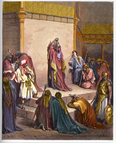 Dawid, król Zjednoczonego Królestwa Izraela opłakujący śmierć Absaloma. Król Dawid niepocieszony śmierci Absalona (Avshalom) - grawerowanie w „”The Bible illustree”” Gustave