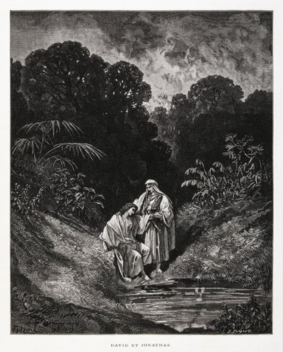 Dawid i Jonatan, bohaterskie postacie Królestwa Izraela, które zawarły przymierze przyjaźni zapisane w Księgach Samuela, Ilustracja z Biblii Dore