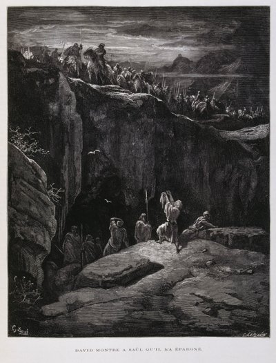 Dawid ofiarowuje swój miecz w geście lojalności wobec Saula, króla Izraela, ilustracja z Biblii Dore