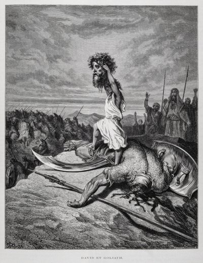 Dawid zabija Goliata, ilustracja z Biblii Dore autorstwa Gustave Dore