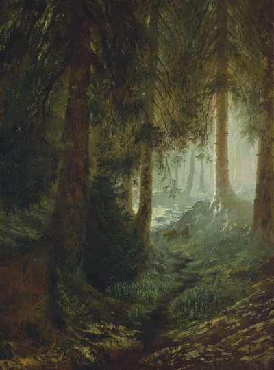 Jeleń w leśnym krajobrazie autorstwa Gustave Dore