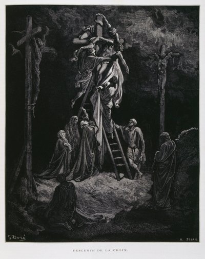 Zstąpienie z krzyża, złożenie Chrystusa, ilustracja z Biblii Dore