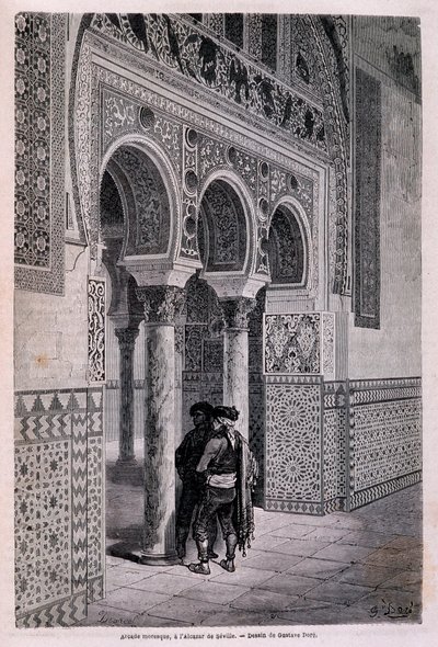Fragment arkady Alcazar w Sewilli - autorstwa Doré, w „Tour du Monde”, II sem. 1866. autorstwa Gustave Dore