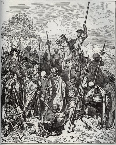 Don Quijote i Sancho z eskadrą ryczących wieśniaków – z „Don Kichota de la Mancha” Miguela Cervantesa (1547-1616) (Don Kichota) – Drzeworyt wg rysunku Gustave