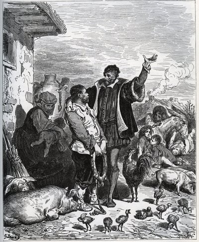 Don Kichot przekonuje swojego sąsiada Sancho Pansę, aby był jego Ecuyer - z „Don Kichota z Manchy” Miguela Cervantesa autorstwa Gustave Dore