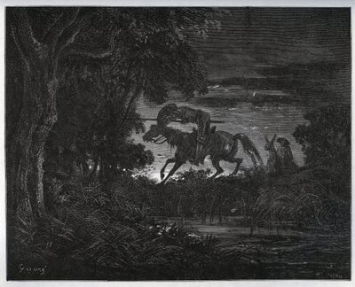 Don Kichot i Sancho Pansa na początku przygody w gęstym i nieznanym lesie – z „Don Kichota z Manchy” Miguela Cervantesa (1547-1616) (Don Kichota) – Drzeworyt wg rysunku Gustave