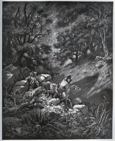 Don Kichot i Sancho Pansa kontynuują swoją podróż w Sierra Morena w poszukiwaniu Deguenille-de-la-Malaise-Mine – z „Don Kichota de la Mancha” Miguela Cervantesa (1547-1616) (Don Kichot) – Drzeworyt wg rysunku Gustave Dore autorstwa Gustave Dore