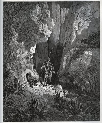 Don Kichot i Sancho Pansa znajdują rzeczy podróżnika – z „Don Kichota z Manchy” Miguela Cervantesa (1547-1616) (Don Kichota) – Drzeworyt według rysunku Gustave
