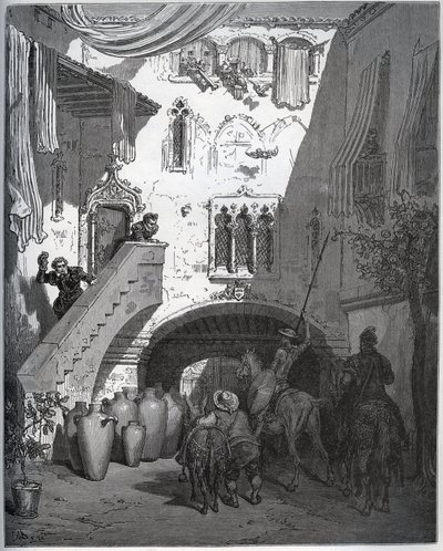 Don Kichota i Sancho Pansę, zaproszonych przez Don Diego de Mirandę w domu, witają żona i syn dżentelmena – z „Don Kichota z Manchy” Miguela Cervantesa (1547-1616) (Don Kichota) – Drzeworyt wg rysunku Gustawa Dore autorstwa Gustave Dore