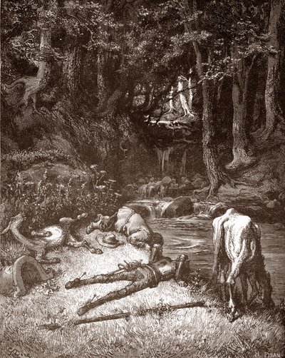 Don Kichot i Sancho Pansa odświeżają je nad strumykiem Rycina Gustave Dore (1832-1883) dla „L