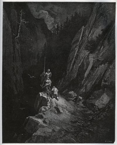 Don Kichot i Sancho Pansa zatapiają się w Sierra Morena - z „Don Kichota z Manchy” Miguela Cervantesa (1547-1616) (Don Kichota) - Drzeworyt wg rysunku Gustave