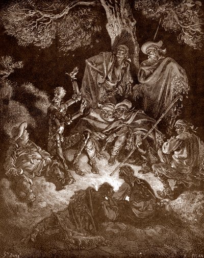 Don Kichot i Sancho Pansa z pasterzami Rycina Gustave Dore (1832-1883) dla „L