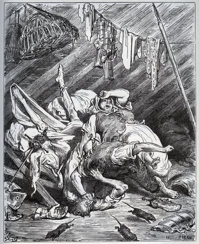Don Kichot i muł walczący o Maritornesa, gospodynię, którą Don Kichot zabiera za swoją Dulcyneuszkę – z „Don Kichota z Manchy” Miguela Cervantesa (1547-1616) (Don Kichota) – Drzeworyt wg rysunku Gustave
