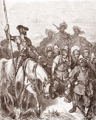 Don Kichot i Sancho Pansa przesłuchują przestępców prowadzonych na galery Rycina Gustave Dore (1832-1883) dla „L