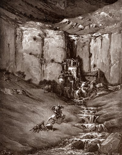 Don Kichot i Sancho Pansa widzą wodospad i hałaśliwe rudery (Don Kichot i Sancho Pansa widzą wodospad i hałaśliwe rudery) Rycina Gustave Dore (1832-1883) dla „The Ingenieux Hidalgo Don Quixote de la Mancha (Quixotte - Quijote)” autorstwa Miguel de Cerva autorstwa Gustave Dore