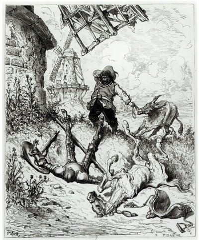 Don Kichot i wiatraki, z „Don Kichota z Manchy” Miguela Cervantesa (1547-1616) rytego przez Heliodore Josepha Pisana (1822-90) autorstwa Gustave Dore