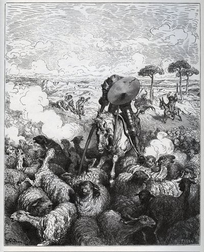 Don Kichot atakuje stado owiec, wierząc, że ma do czynienia z armią Alibanfarona z Taprobany – z „Don Kichota z Manchy” Miguela Cervantesa (1547-1616) (Don Kichota) – Drzeworyt wg rysunku Gustave