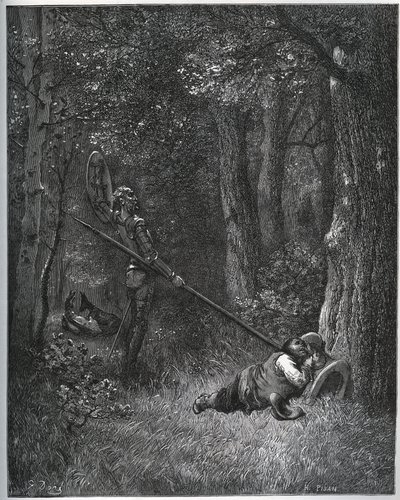 Don Kichot przebudzający Sancho Pansę - z „Don Kichota z Manchy” Miguela Cervantesa autorstwa Gustave Dore