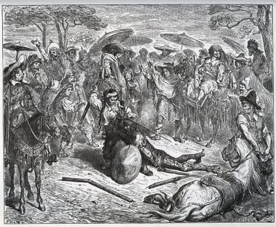 Don Kichot pobity w środku grupy kupców – Wytwórca mułów zasmakował w grze – z „Don Kichota z Manchy” Miguela Cervantesa autorstwa Gustave Dore