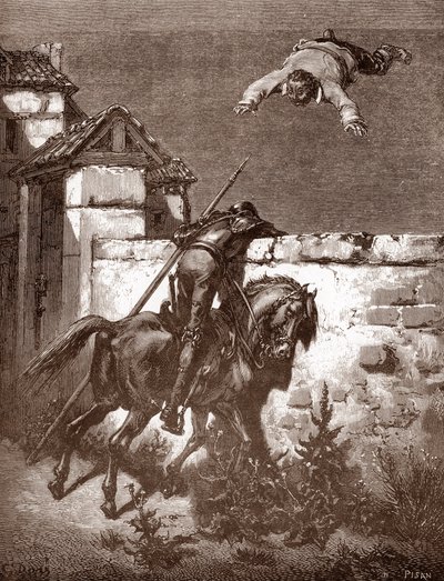Don Kichotowi nie udaje się powstrzymać wyrzutni Sancho Panca, którzy każą mu podskakiwać na kocu (napomnienia Don Kichota nie wpływają na rzucających) Rycina Gustave