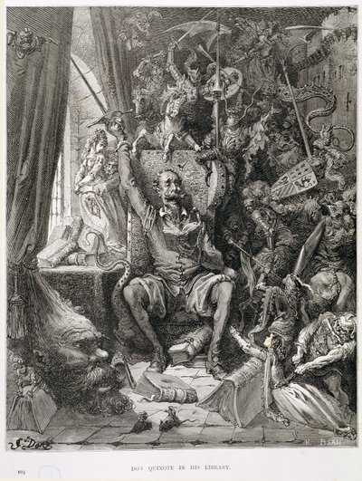 Don Kichot w swojej bibliotece, rytowany przez Heliodora Josepha Pisana (1822-90) ok. 1868 r. autorstwa Gustave Dore