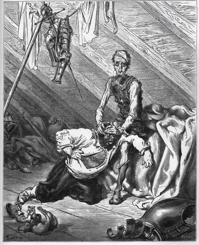 Don Kichot sprawia, że Sancho Pansa smakuje jego drogocenny balsam zmysłów, leczy ich oboje – z „Don Kichota z Manchy” Miguela Cervantesa autorstwa Gustave Dore