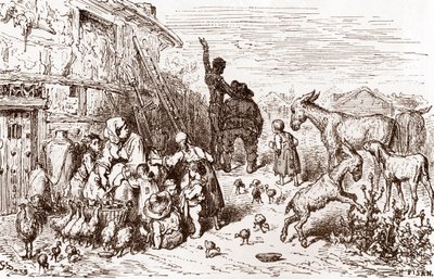 Don Kichot namawia swojego sąsiada Sancho Pansę, by został jego giermkiem Rycina Gustave Dore (1832-1883) do „L