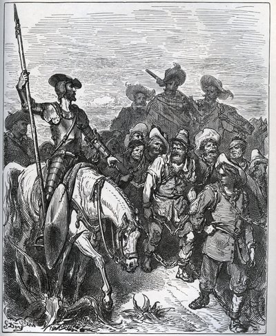 Don Kichot pyta siły o powody ich przekonań - z „Don Kichota z Manchy” Miguela Cervantesa (1547-1616) (Don Kichota) - Drzeworyt wg rysunku Gustave