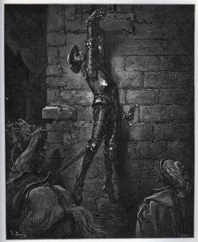 Don Kichot uwięziony przez córkę karczmarza i Maritornesa, pozostaje zawieszony w oknie. - z „Don Kichota z Manchy” Miguela Cervantesa (1547-1616) (Don Kichota) - Drzeworyt wg rysunku Gustave