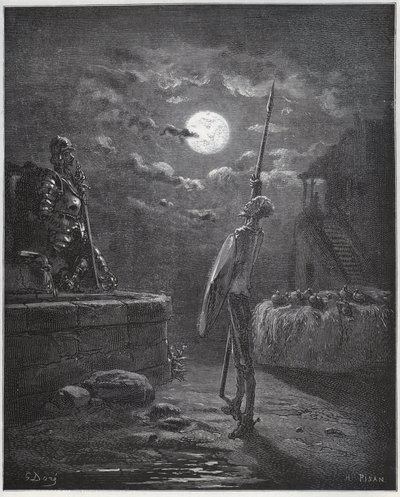 Don Kichot czuwa nad jego ramionami - z „Don Kichota z Manchy” Miguela Cervantesa autorstwa Gustave Dore