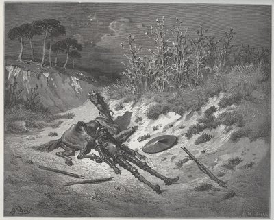 Rany Don Kichota błagają o misericorde i pomoc bohaterów jego wyobraźni - z „Don Kichota z Manchy” Miguela Cervantesa (1547-1616) (Don Kichota) - Drzeworyt wg rysunku Gustave