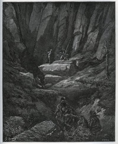 Dorothee i fryzjer przychodzą po Don Kichota, a następnie w pokucie - z „Don Kichota z Manchy” Miguela Cervantesa (1547-1616) (Don Kichota) - Drzeworyt według rysunku Gustave