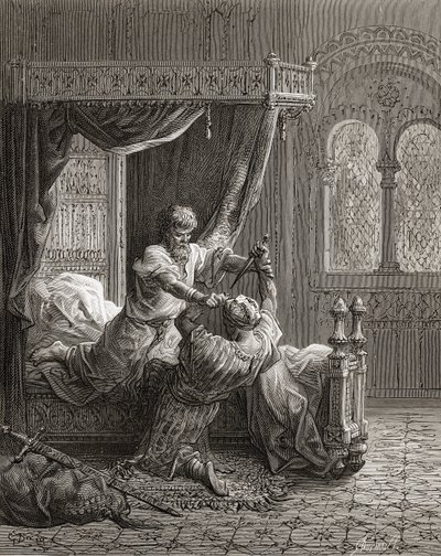 Edward I (1239-1307) z Anglii zabija swojego niedoszłego zabójcę w czerwcu 1272, ilustracja z „Bibliotheque des Croisades” J-F. Michaud, 1877 r. autorstwa Gustave Dore